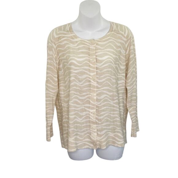 LOFT Sweater Large Cardigan Beige/Off-White Animal Print 3/4 Sleeve Button Front - Picture 1 of 7